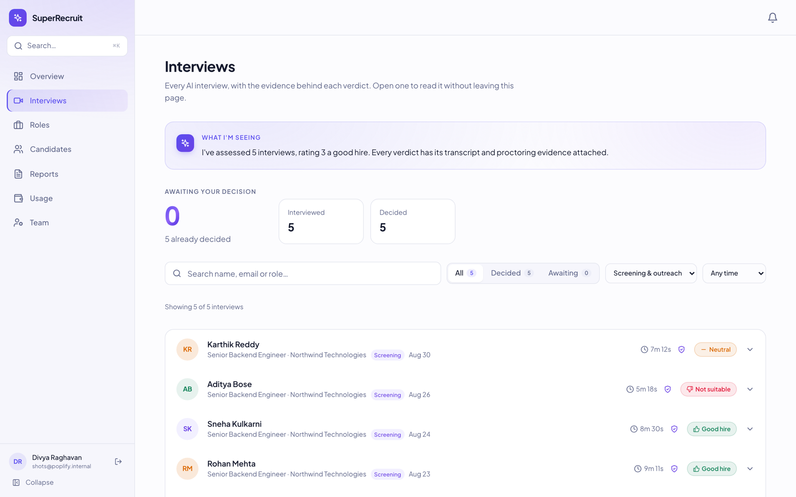 The interviews list: every AI interview with its duration, proctoring status and verdict, filterable by role, stage and date.
