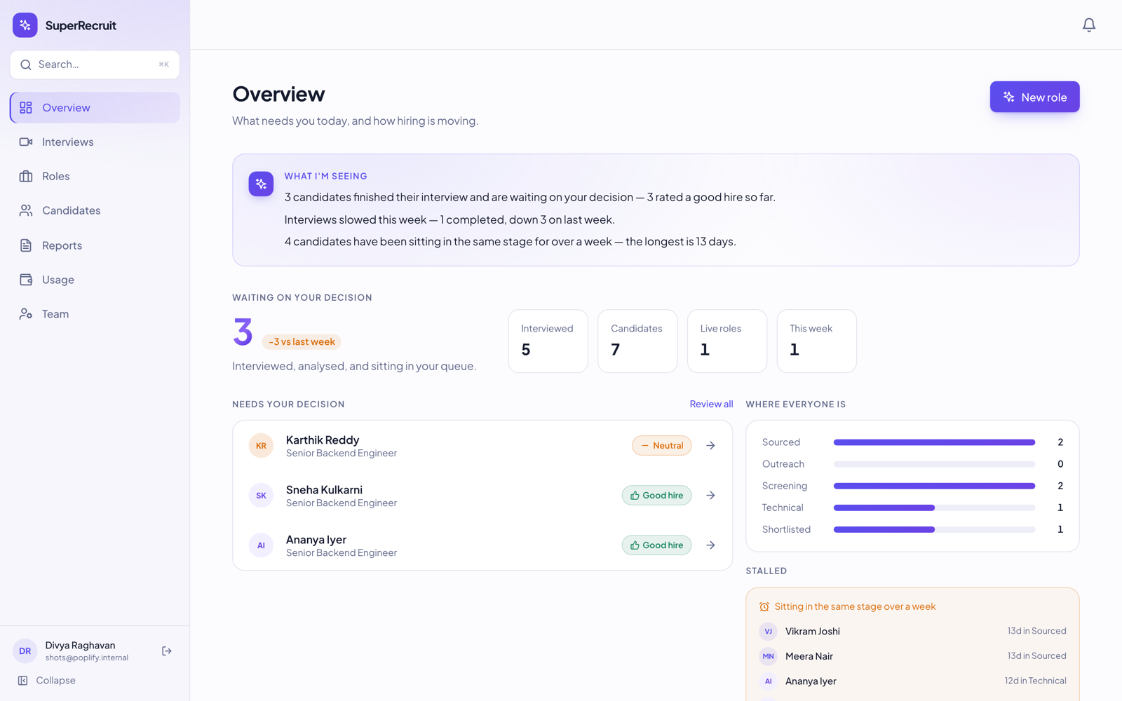 The SuperRecruit dashboard: candidates awaiting a decision, each with a hire verdict, and the pipeline they sit in.